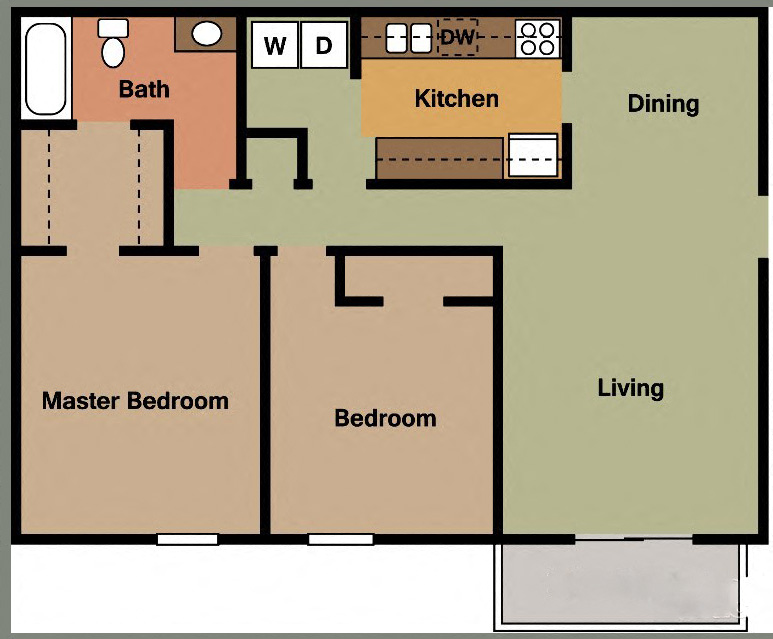 Floor plan for 2 beds, 1 bath, 944 sqft